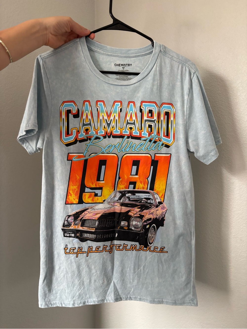 Chemistry Light Blue Camaro 1981 Graphic Tee with Orange Accents